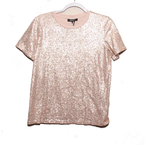 DKNY Pink Sequin Short Sleeve Top Size Medium - Picture 1 of 6